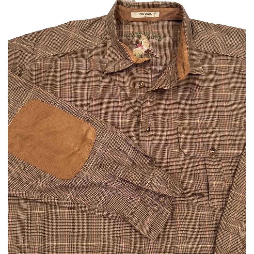 Orvis Men's XL Pheasant Embroidered Brown Plaid Hunting Shirt Elbow Patches